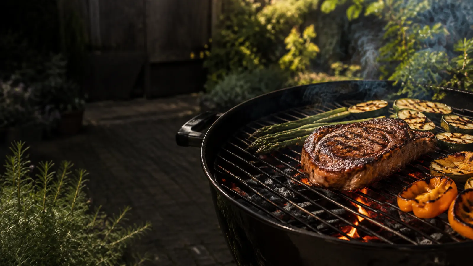 Steak en groenten op een gloeiende kogelbarbecue